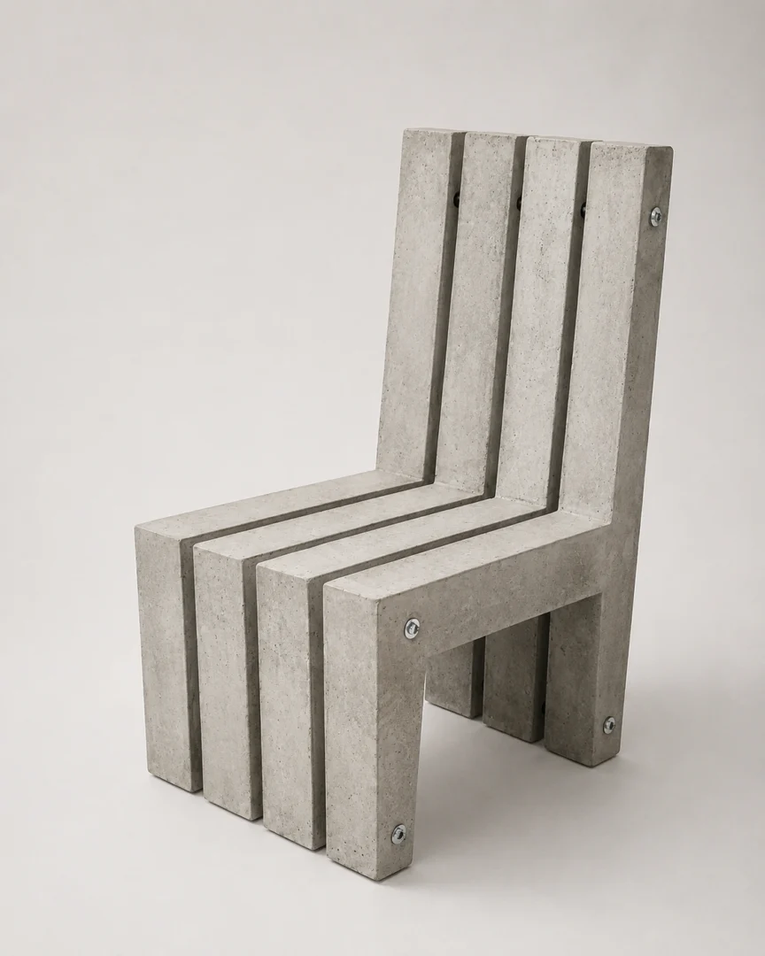 Silla Ritmo elaborada en listones de concreto con diseño arquitectónicamente fragmentado y uniones metálicas, conservando la ergonomía.