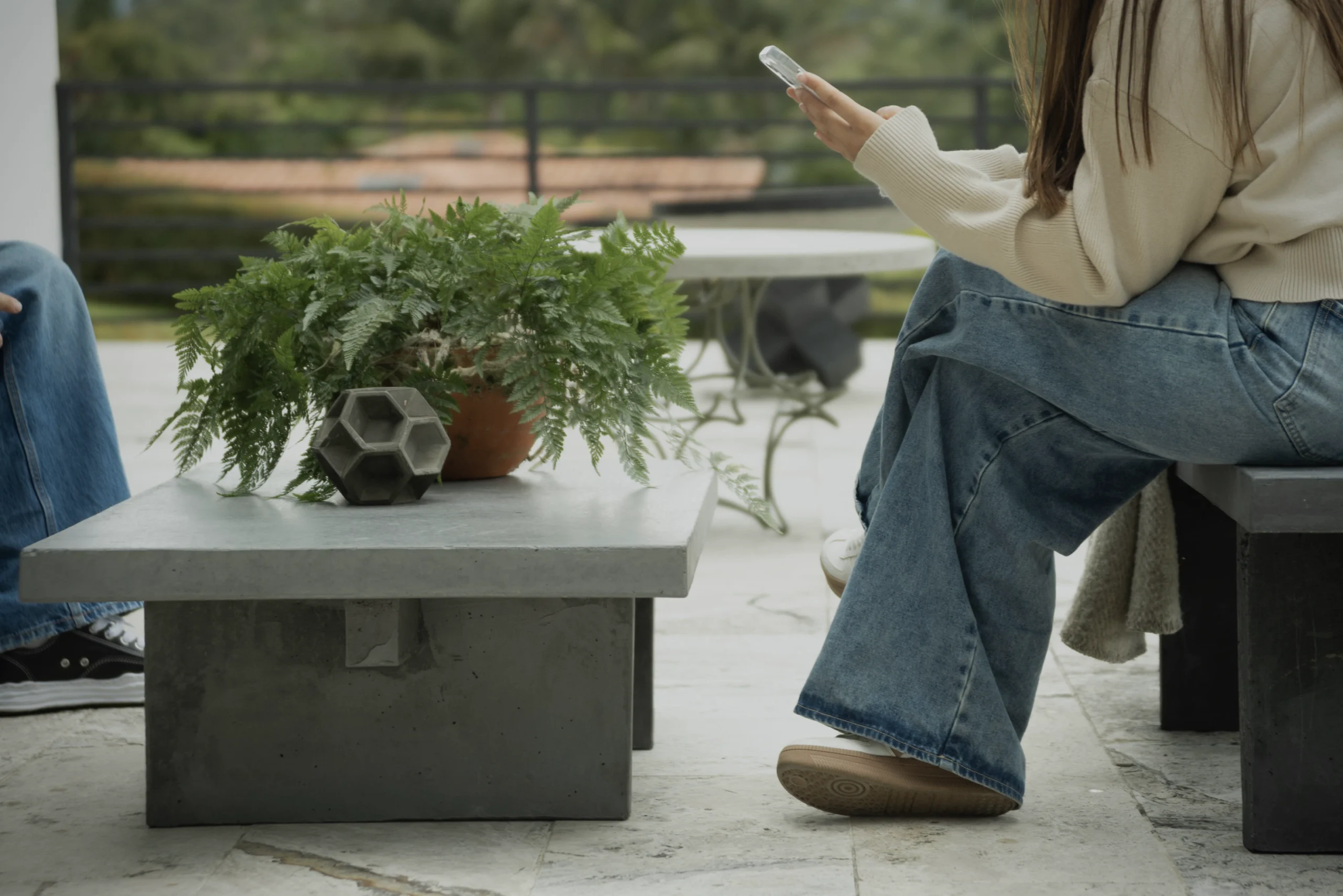mesa-centro-concreto-decoracion-plantas Mesa de centro en concreto decorada con una planta de helecho en un patio exterior